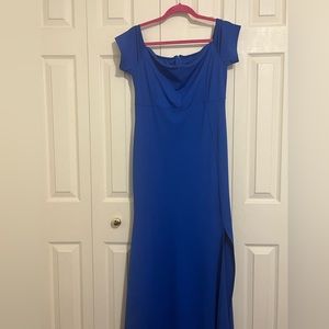 Blue Low Shoulder Evening Gown W/ Side Slit